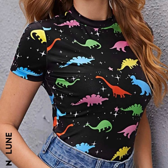 Tops - Black Short Sleeve Dinosaur Print Tee
